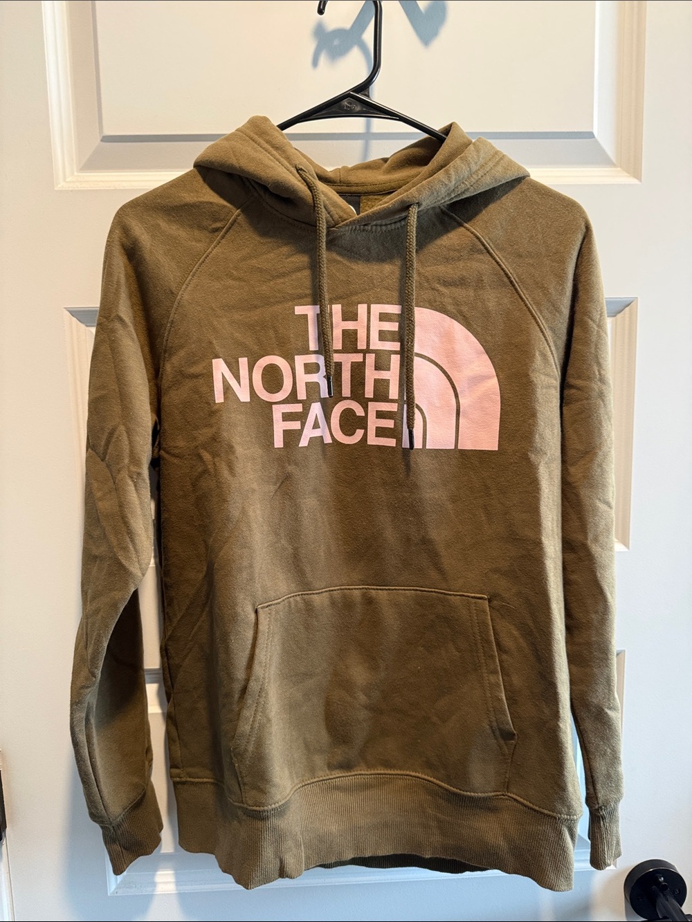 The North Face Olive Green Crewneck Hoodie with Pink Logo